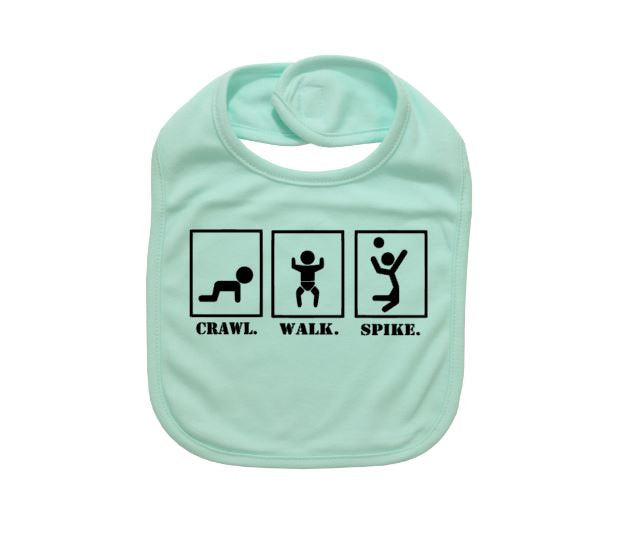 Cute Baby Bib, Volleyball Bib, Crawl Walk Spike, V-ball, Baby Shower Gift, Infant Volleyball Apparel, Newborn Gift, Funny Baby Bibs, Sports - Chase Me Tees LLC