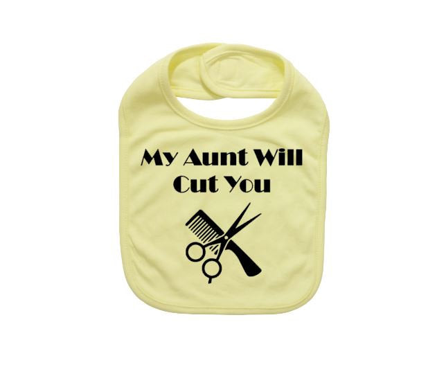 Hair Stylist Baby Bib, My Aunt Will Cut You, Beauty Salon Baby Bib, Hairdresser Bib, Hairstylist Baby Bibs, Newborn Beautician. Baby Shower - Chase Me Tees LLC