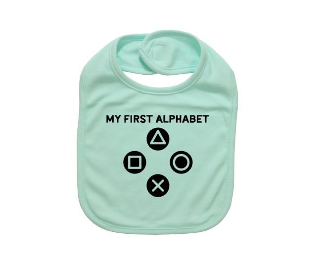 Cute Baby Bib, My First Alphabet, Funny Baby Bibs, Gift For Newborn, Baby Shower, Gamer Baby, Video Game Apparel, Infant Bibs, Nerd Baby - Chase Me Tees LLC