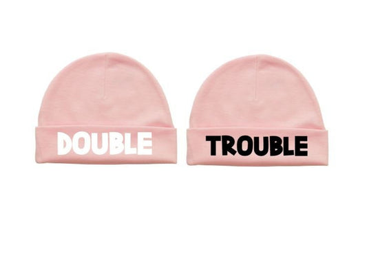 Twin Hats, Double Trouble, Funny Twins Hat, Twins Gift Set, Baby Boy Twins, Baby Girl Twins, Boy And Girl Twins, Baby Shower, Gift For Twins - Chase Me Tees LLC