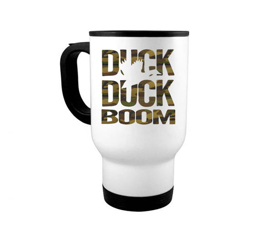 14oz Travel Mug, Duck Duck Boom Camo, Duck Hunting Mug, Waterfowl Mug, Duck Hunting Gift, Gift For Dad, Hunting Cup, Waterfowl Coffee Cup - Chase Me Tees LLC