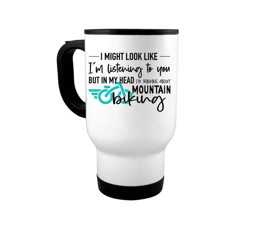 Mountain Bike Mug, Thinking About Mountain Biking, Mountain Bike Gift, Biking Mug, Gift For Him, Bicycle Mug, Bicycle Gift, Biking Cup - Chase Me Tees LLC
