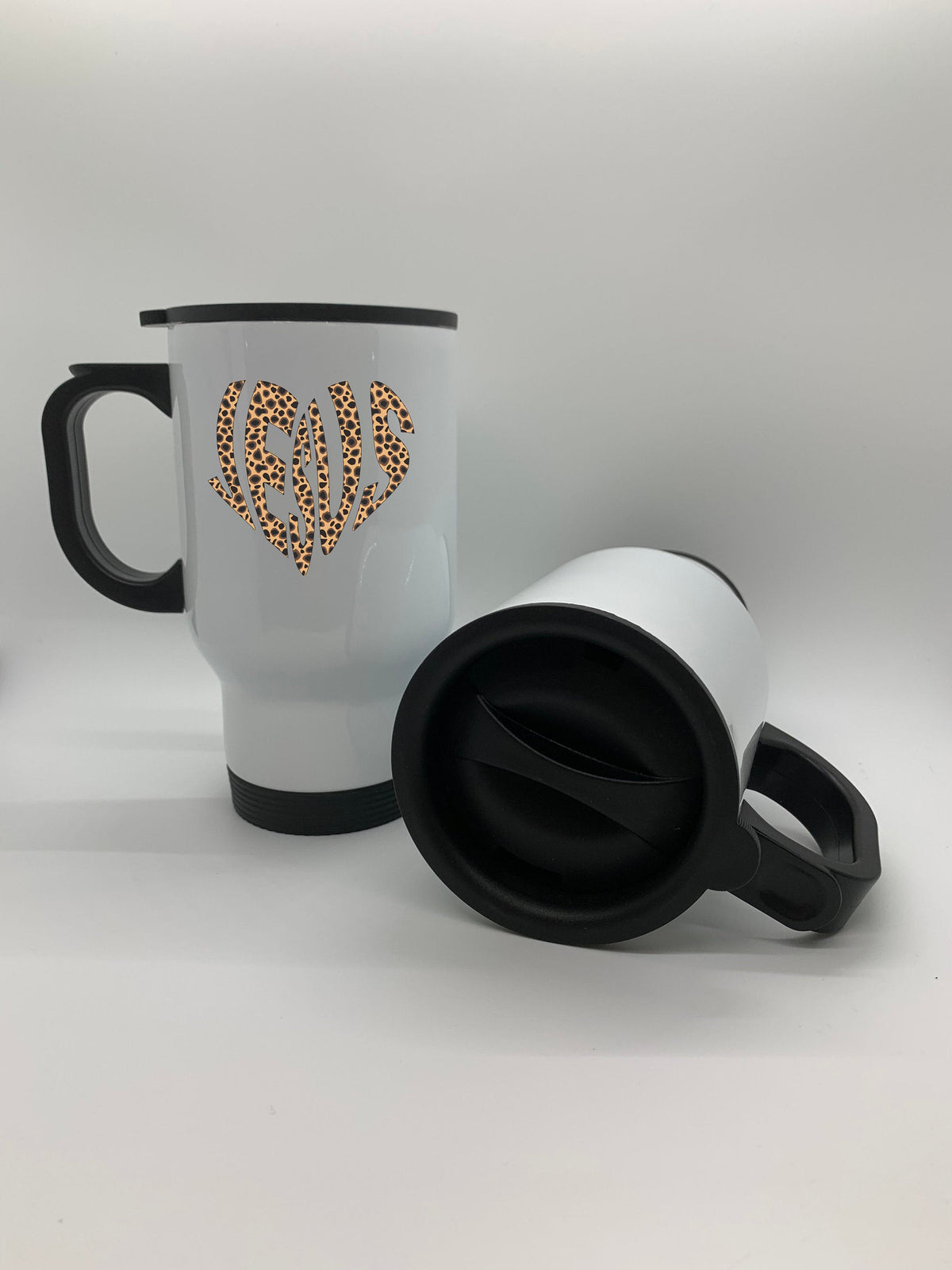 14oz Travel Mug, Leopard Print Mug, Leopard Jesus Heart, Christian Mugs, Gift For Her, Christian Gift, Leopard Coffee Cup, Jesus Cup - Chase Me Tees LLC
