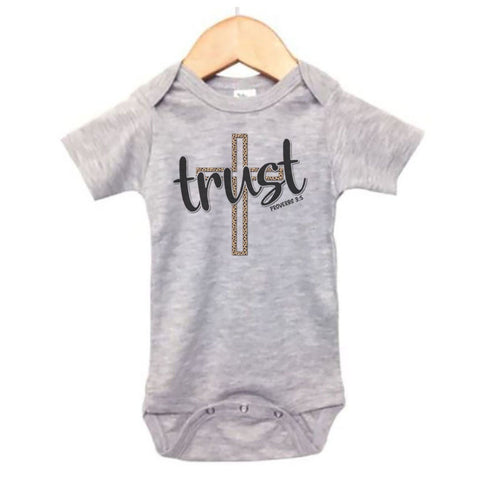 Trust Onesie, Trust Leopard, Christian Onesie, Baby Announcement, Baby Shower Gift, Baby Trust Outfit, Christian Baby Onesie, Scripture - Chase Me Tees LLC