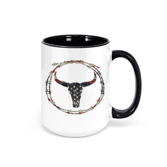 Patriotic Mug, Western Coffee Mug, Barbwire Skull, American Flag Mug, Cowboy Cup, Boho Coffee Cup, Sublimated Design, USA Mug, Skull Mug - Chase Me Tees LLC