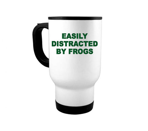 14oz Travel Mug, Easily Distracted By Frogs, Frog Mug, Frog Coffee Mug, Amphibian Lover, Frog Gift, Sublimated Design, Gift For Her, Frogs - Chase Me Tees LLC