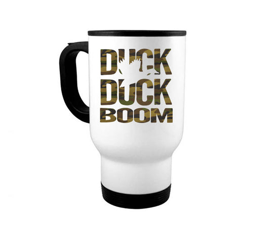 14oz Travel Mug, Duck Duck Boom Camo, Duck Hunting Mug, Waterfowl Mug, Duck Hunting Gift, Gift For Dad, Hunting Cup, Waterfowl Coffee Cup - Chase Me Tees LLC