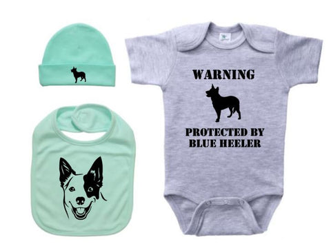 Blue Heeler Gift Set, Australian Cattle Dog, Baby Shower Gift, Blue Heeler Onesie, Newborn Blue Heeler Outfit, ACD Outfit, Newborn Gift Set - Chase Me Tees LLC