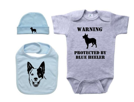 Blue Heeler Gift Set, Australian Cattle Dog, Baby Shower Gift, Blue Heeler Onesie, Newborn Blue Heeler Outfit, ACD Outfit, Newborn Gift Set - Chase Me Tees LLC