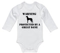 Warning Protected By A Great Dane, Great Dane Baby Onesie, Funny Baby Outfit, Bodysuit For Newborn, Great Dane, Trendy Infant Outfit, Dogs - Chase Me Tees LLC