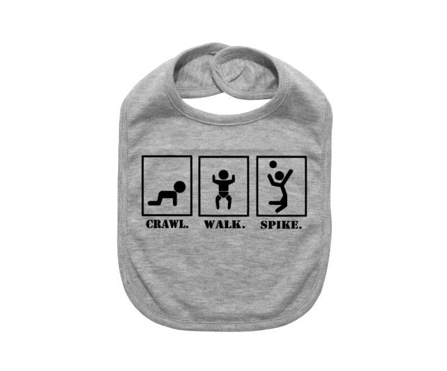 Cute Baby Bib, Volleyball Bib, Crawl Walk Spike, V-ball, Baby Shower Gift, Infant Volleyball Apparel, Newborn Gift, Funny Baby Bibs, Sports - Chase Me Tees LLC