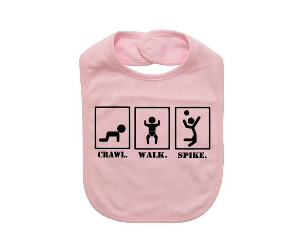 Cute Baby Bib, Volleyball Bib, Crawl Walk Spike, V-ball, Baby Shower Gift, Infant Volleyball Apparel, Newborn Gift, Funny Baby Bibs, Sports - Chase Me Tees LLC