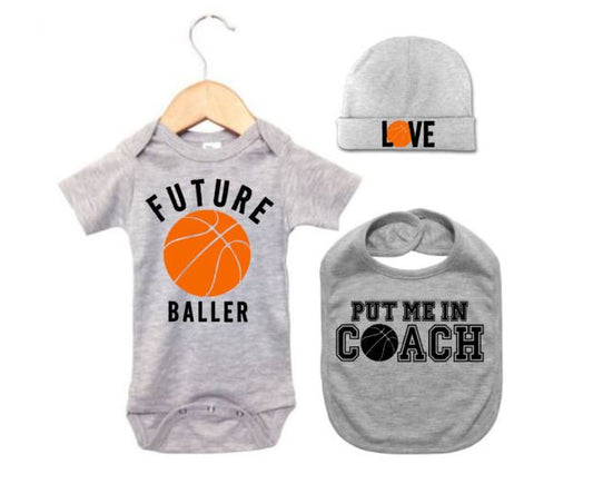 Baby Basketball Outfit, Basketball Gift Set, Baby Shower, Gift For Baby, Basketball Baby, Infant B-ball Onesie, Bib And Hat, Newborn Gift - Chase Me Tees LLC