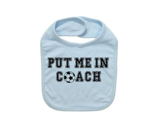 Baby Soccer Bib, Put Me In Coach, Newborn Bib, Soccer Apparel, Infant Futbol Bibs, Cute Baby Clothes, Baby Shower Gift, Futbol Bibs, Newborn - Chase Me Tees LLC