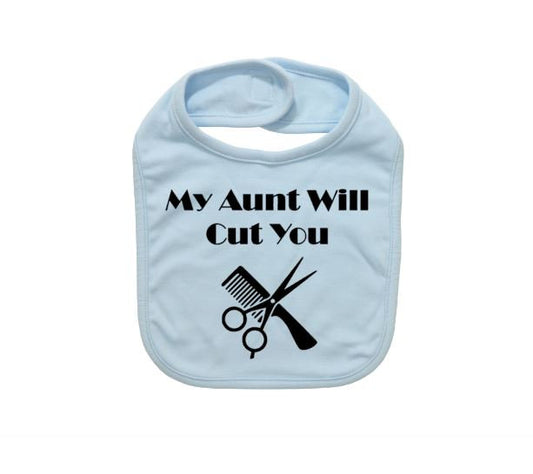 Hair Stylist Baby Bib, My Aunt Will Cut You, Beauty Salon Baby Bib, Hairdresser Bib, Hairstylist Baby Bibs, Newborn Beautician. Baby Shower - Chase Me Tees LLC