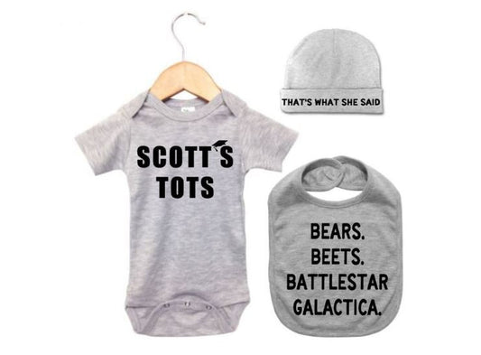 Scott's Tots Baby Onesie, Scott's Tots, The Office Bundle, The TV Show "The Office", Baby Shower Gift, The Office Baby Outfit, Funny Baby - Chase Me Tees LLC