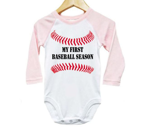 Raglan Baseball Onesie, My First Baseball Season, Baseball Onesie, Baseball Bodysuit, Baseball Romper, Newborn Baseball, Infant Baseball - Chase Me Tees LLC