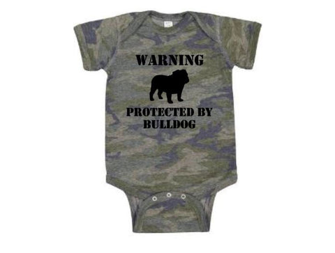 Baby Bulldog Onesie, Warning Protected By Bulldog, Camo Onesie, Baby Shower Gift, Bulldog Bodysuit, Gift For Baby, Bulldog Apparel, Newborn - Chase Me Tees LLC