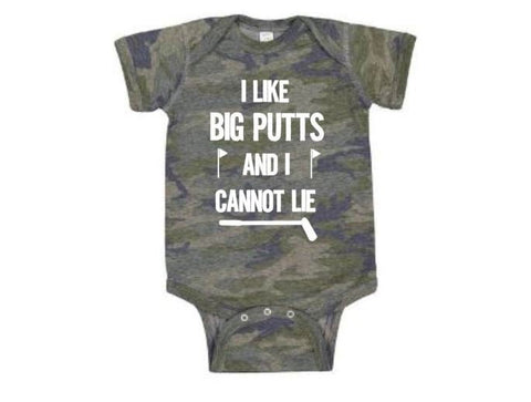 Golfing Baby Onesie, I Like Big Putts And I Cannot Lie, Funny Golf Baby Outfit, Newborn Golfing Bodysuit, Golfing Romper, Camo Onesie, Golf - Chase Me Tees LLC
