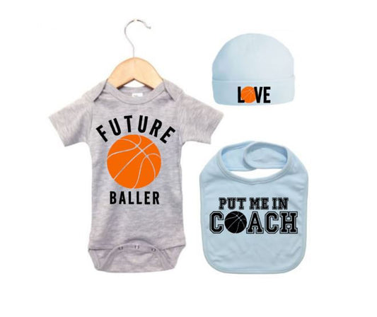 Baby Basketball Outfit, Basketball Gift Set, Baby Shower, Gift For Baby, Basketball Baby, Infant B-ball Onesie, Bib And Hat, Newborn Gift - Chase Me Tees LLC
