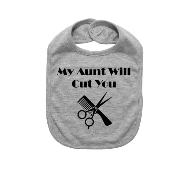 Hair Stylist Baby Bib, My Aunt Will Cut You, Beauty Salon Baby Bib, Hairdresser Bib, Hairstylist Baby Bibs, Newborn Beautician. Baby Shower - Chase Me Tees LLC