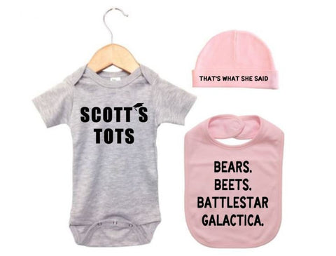Scott's Tots Baby Onesie, Scott's Tots, The Office Bundle, The TV Show "The Office", Baby Shower Gift, The Office Baby Outfit, Funny Baby - Chase Me Tees LLC