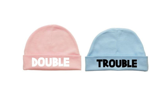 Twin Hats, Double Trouble, Funny Twins Hat, Twins Gift Set, Baby Boy Twins, Baby Girl Twins, Boy And Girl Twins, Baby Shower, Gift For Twins - Chase Me Tees LLC