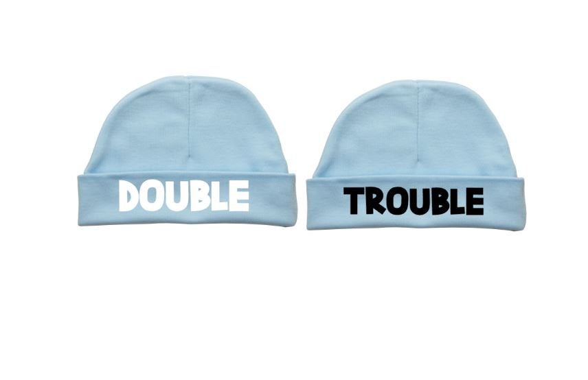 Twin Hats, Double Trouble, Funny Twins Hat, Twins Gift Set, Baby Boy Twins, Baby Girl Twins, Boy And Girl Twins, Baby Shower, Gift For Twins - Chase Me Tees LLC