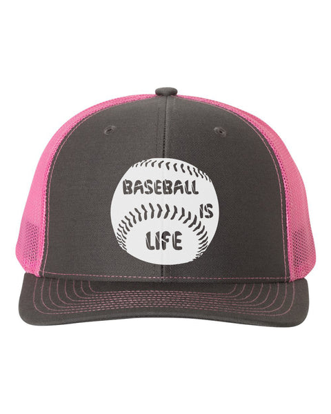 Baseball Is Life, Baseball Hat, Baseball Cap, Trucker Hat, Baseball Gear, Baseball Lover, Sports Hat, Snapback, 10 Colors!, White Text - Chase Me Tees LLC