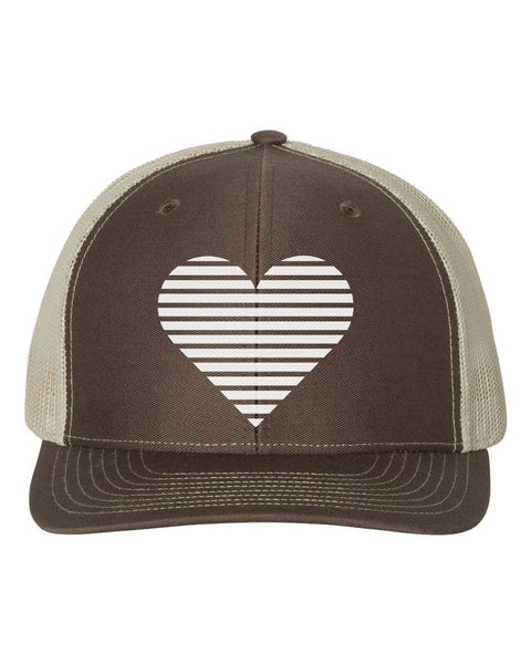 Heart Hat, Striped Heart, Trucker Hat, Heart Cap, Adjustable, Women's Trucker Hat, Kids Heart Hat, Heart Snapback, 10 Colors!, White Text - Chase Me Tees LLC