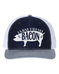 Bacon Hat, Farm Fresh Bacon, Bacon Lover, Bacon Apparel, Gift For Bacon Lover, Trucker Hat, Adjustable, 10 Different Colors!, White Text - Chase Me Tees LLC