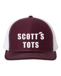 Scott's Tots Hat, Scott's Tots, The Office Hot, Trucker Hat, The Office Lover, Adjustable, Baseball Cap, The Office Cap, White Text - Chase Me Tees LLC