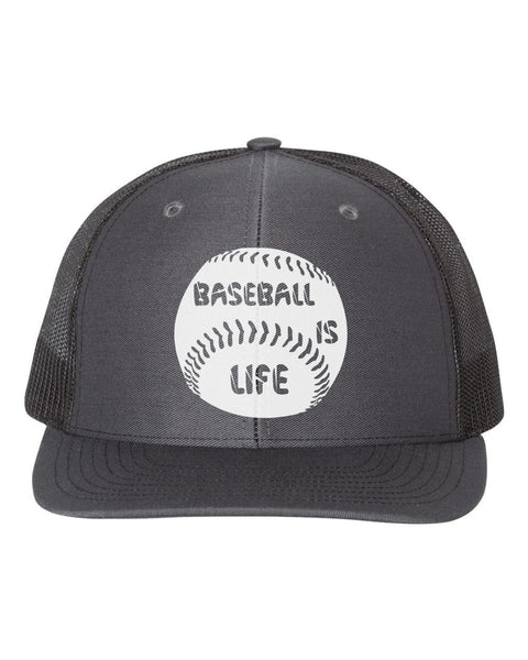Baseball Is Life, Baseball Hat, Baseball Cap, Trucker Hat, Baseball Gear, Baseball Lover, Sports Hat, Snapback, 10 Colors!, White Text - Chase Me Tees LLC