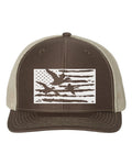 Duck Hunting Hat, Duck Flag, Hunting Hat, Waterfowl Hat, Duck Hunter, America Hat, Trucker Hat, Snapback, 10 Different Colors!, White Text - Chase Me Tees LLC