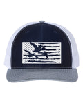 Duck Hunting Hat, Duck Flag, Hunting Hat, Waterfowl Hat, Duck Hunter, America Hat, Trucker Hat, Snapback, 10 Different Colors!, White Text - Chase Me Tees LLC