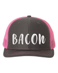 Bacon Hat, The Word Bacon, Bacon Lover, Bacon Apparel, Trucker Hat, Adjustable, Bacon Snapback, I Love Bacon, 10 Colors!, White Text - Chase Me Tees LLC