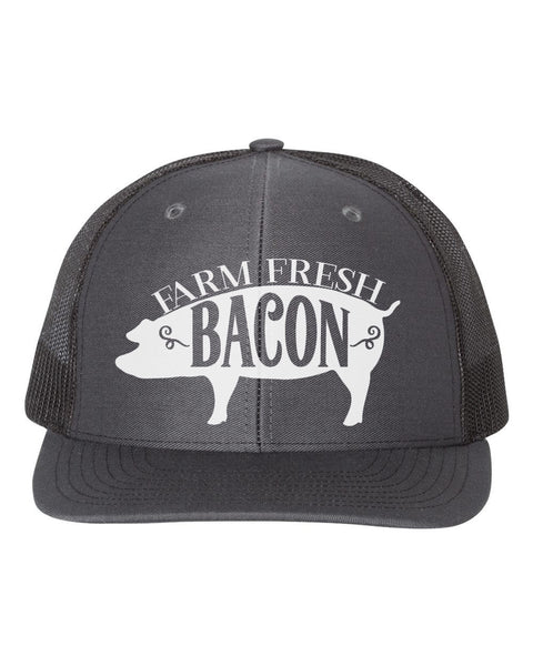 Bacon Hat, Farm Fresh Bacon, Bacon Lover, Bacon Apparel, Gift For Bacon Lover, Trucker Hat, Adjustable, 10 Different Colors!, White Text - Chase Me Tees LLC