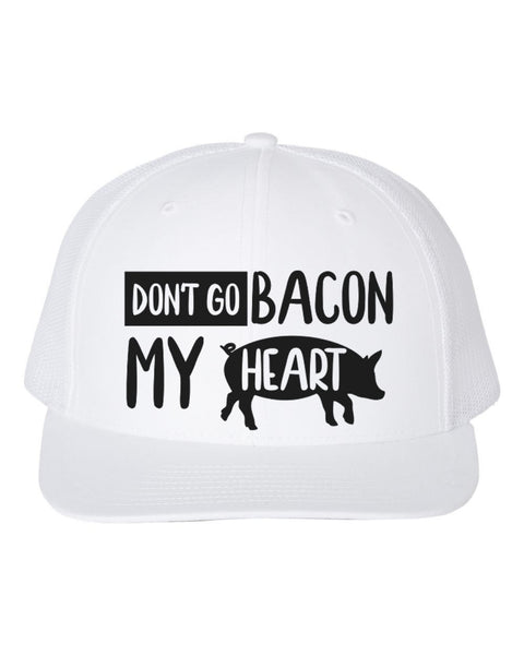 Bacon Hat, Don't Go Bacon My Heart, Bacon Lover, Bacon Apparel, Gift For Bacon Lover, Trucker Hat, Adjustable, 10 Colors, White Text - Chase Me Tees LLC