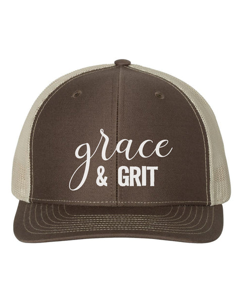 Grace And Grit, Grace Hat, Inspirational Hat, Snapback, Trucker Hat, Gift For Her, Mom Hat, Religious Cap, Headwear, Sayings, White Text - Chase Me Tees LLC