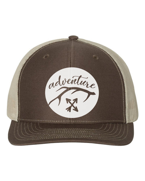Adventure Hat, Adventure Antler, Hunting Hat, Outdoors Cap, Antler Hat, Gift For Him, Trucker Hat, Snapback Hat, Adjustable, White Text - Chase Me Tees LLC