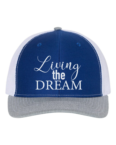 Dream Hat, Living The Dream, Snapback, Trucker Hat, Dream, Gift For Her, Adjustable, 10 Hat Colors, Dream Big, Gift For Her, White Text - Chase Me Tees LLC