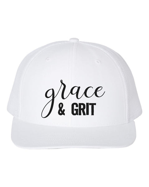 Grace And Grit, Grace Hat, Inspirational Hat, Snapback, Trucker Hat, Gift For Her, Mom Hat, Religious Cap, Headwear, Sayings, White Text - Chase Me Tees LLC