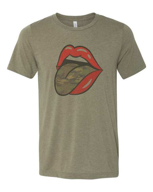 Camo Tongue, Lips And Tongue, Sublimation T, Unisex, Vintage Shirt, Gift For Her, Camo Shirt, Camo Lover, Tongue Shirt, Tongue Design, Bella - Chase Me Tees LLC