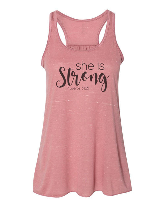 She Is Strong, Racerback, Proverbs 31:25, Christian Tank, Workout Clothes, Soft Bella Canvas, Sublimation, Gift For Her, Racerback Tank Top - Chase Me Tees LLC