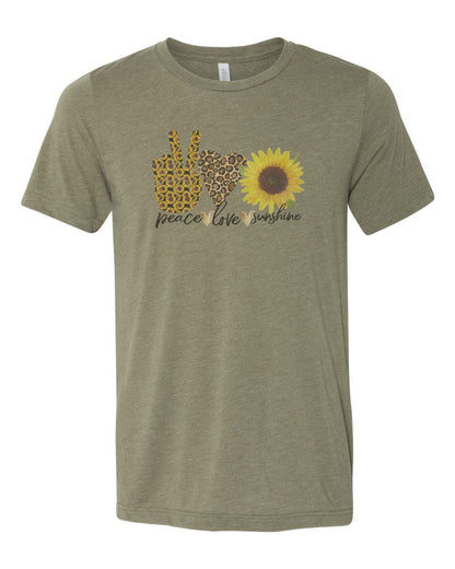 Peace Love Sunshine, Boho Shirt, Sunflower Tee, Sublimation T, Peace, Love, Sunflower Lover, Inspirational, Gift For Her, Mom T, Flowers - Chase Me Tees LLC