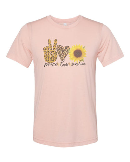 Peace Love Sunshine, Boho Shirt, Sunflower Tee, Sublimation T, Peace, Love, Sunflower Lover, Inspirational, Gift For Her, Mom T, Flowers - Chase Me Tees LLC