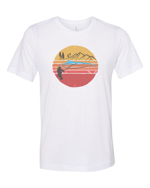 Fishing Shirt, Sun Down, Fly Fishing Shirt, Trout Fishing Shirt, Unisex Fishing Tee, Soft Bella T, Sublimation, Fishing Apparel, Colorado - Chase Me Tees LLC