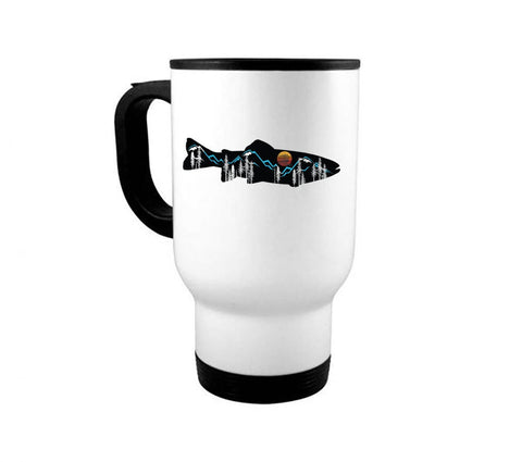 14oz Travel Mug, Mountain Trout, Fly Fishing Mug, Fishing Coffee Mug, Fishing Gift, Trout Fishing Mug, Gift For Him, Mountain Mug, Sunset - Chase Me Tees LLC