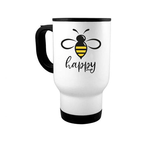 Bee Happy Travel Mug, Bee Happy, Bee Gift, 14oz Travel Mug, Bee Lover, Honey Bee Cup, Bee Coffee Cup, Sublimated Design, Gift For Her - Chase Me Tees LLC