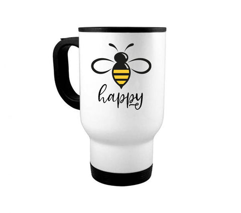 Bee Happy Travel Mug, Bee Happy, Bee Gift, 14oz Travel Mug, Bee Lover, Honey Bee Cup, Bee Coffee Cup, Sublimated Design, Gift For Her - Chase Me Tees LLC
